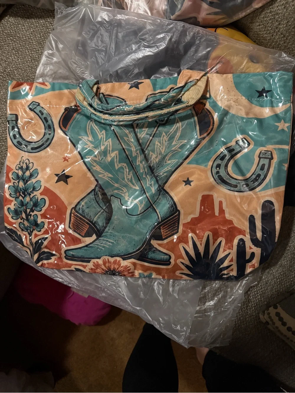 Western Boot Tote Bag in Teal and Tan - Unbranded